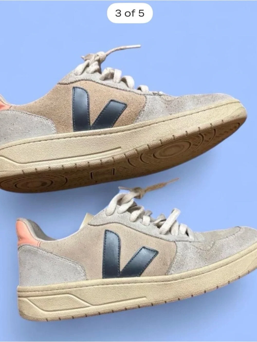 Veja Taupe Suede Sneakers with Blue V and Coral Heel